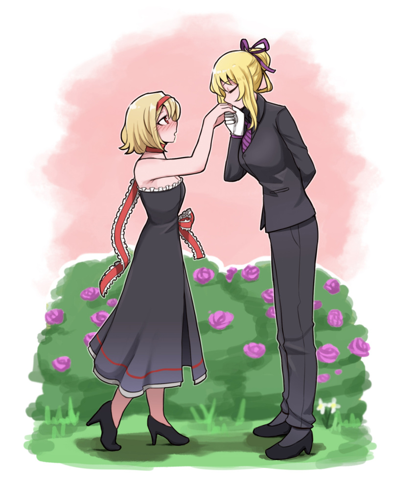 2girls alice_margatroid arm_behind_back bare_shoulders black_dress blonde_hair blush closed_eyes commission dress english_commentary formal frilled_ribbon frills gloves hairband hand_kiss height_difference high_heels highres kiss mata_(matasoup) multiple_girls necktie pant_suit purple_ribbon red_eyes red_ribbon ribbon rose_bush short_hair sidelocks strapless strapless_dress suit touhou white_gloves yakumo_yukari yuri