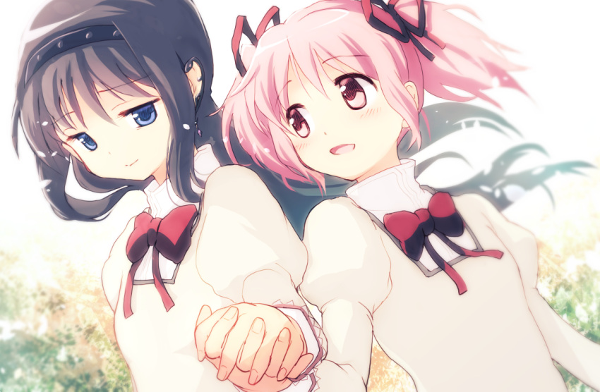 2girls akemi_homura arm_at_side black_hair black_hairband blurry blurry_background closed_mouth dot_nose dutch_angle eyebrows_visible_through_hair facing_viewer fingernails flat_chest floating_hair furrowed_eyebrows hair_ribbon hairband half-closed_eyes hand_up happy high_collar holding_hands interlocked_fingers jewelry jitome juliet_sleeves kaname_madoka light_blush light_smile long_hair long_sleeves looking_at_another looking_to_the_side mahou_shoujo_madoka_magica mahou_shoujo_madoka_magica_movie mitakihara_school_uniform multiple_girls neck_ribbon oka_(umanihiki) parted_lips petals pink_eyes pink_hair puffy_sleeves red_ribbon ribbon school_uniform side-by-side single_earring tareme twintails uniform upper_body violet_eyes wind wind_lift