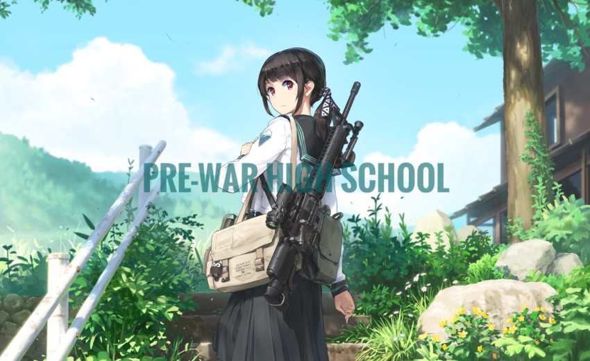 1girl assault_rifle bag bangs black_hair black_sailor_collar black_skirt blouse blue_sky carrying closed_mouth clouds cloudy_sky commentary_request day emblem english_text from_behind gun light_frown long_sleeves looking_at_viewer looking_back medium_skirt original outdoors pleated_skirt railing rifle rock sailor_collar satchel school_uniform scope serafuku short_hair sidelocks skirt sky solo stairs standing tanto_(tc1995) tree violet_eyes weapon weapon_request white_blouse