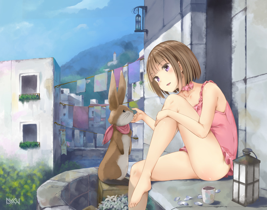 1girl bangs bare_arms bare_legs barefoot blunt_bangs brown_hair building choker clothesline commentary_request cup dekochin_hammer eyebrows_visible_through_hair flower frilled_swimsuit frills highres hill knee_up lantern neckerchief one-piece_swimsuit open_mouth original petals pink_choker pink_swimsuit rabbit short_hair sitting sky solo swimsuit swimwear thighs