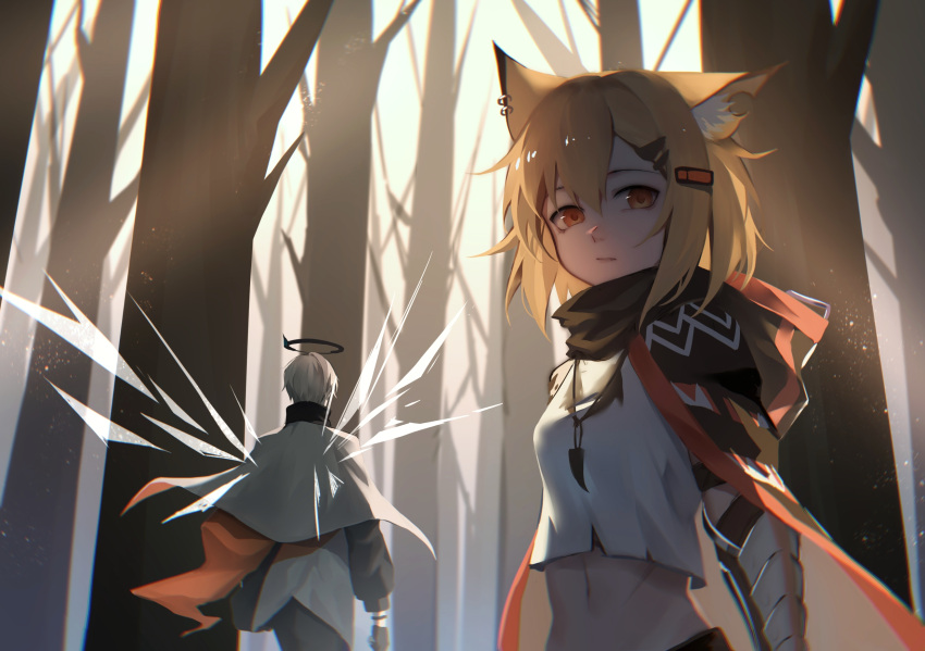1boy 1girl animal_ear_fluff animal_ears arknights bangs bare_tree black_cape blonde_hair cape cowboy_shot crop_top executor_(arknights) fengtu_ad forest fox_ears from_behind hair_between_eyes hair_ornament hairclip halo highres jacket jewelry long_sleeves midriff nature navel orange_eyes outdoors pendant shirt short_hair silver_hair standing stomach tree upper_body vermeil_(arknights) white_cape white_jacket white_shirt