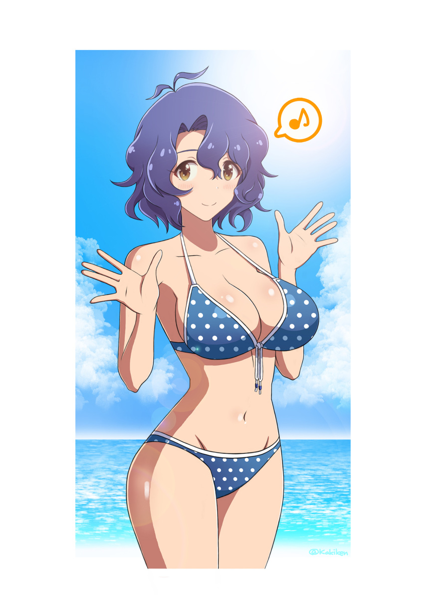 ahoge beach bikini blue_hair breasts clouds highres idolmaster idolmaster_million_live! idolmaster_million_live!_theater_days kakiken large_breasts looking_at_viewer midriff musical_note navel ocean polka_dot polka_dot_bikini swimsuit toyokawa_fuuka waving wavy_hair