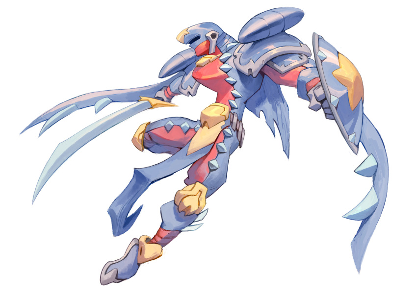 1other ambiguous_gender armor clenched_hand crossover cutlass_(sword) full_body garchomp garrett_hanna gen_4_pokemon helmet highres holding holding_shield holding_sword holding_weapon knee_pads loincloth monster_hunter pauldrons personification pokemon shark_fin shield shoulder_armor sword visor_(armor) weapon white_background
