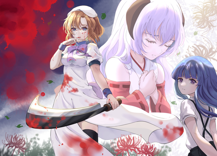 3girls back_bow bangs beret black_horns black_legwear bleeding blood blood_on_face blood_on_fingers blood_splatter bloody_clothes bloody_hair bloody_hands bloody_weapon blue_eyes blue_hair blunt_bangs bow breasts closed_eyes closed_mouth commentary crying detached_sleeves dress flower front_slit furude_rika hanyuu hat hatchet highres higurashi_no_naku_koro_ni holding holding_hatchet holding_weapon horns japanese_clothes leaf leaves_in_wind licking_blood long_dress long_hair looking_at_viewer looking_back medium_breasts medium_hair miko multiple_girls nose_hatchet orange_hair own_hands_together parted_bangs puffy_short_sleeves puffy_sleeves purple_bow purple_hair red_flower ribbon-trimmed_sleeves ribbon_trim ryuuguu_rena shirt short_sleeves sidelocks spider_lily suspenders tears thigh-highs upper_body violet_eyes weapon white_dress white_headwear white_shirt wristband yongyue46