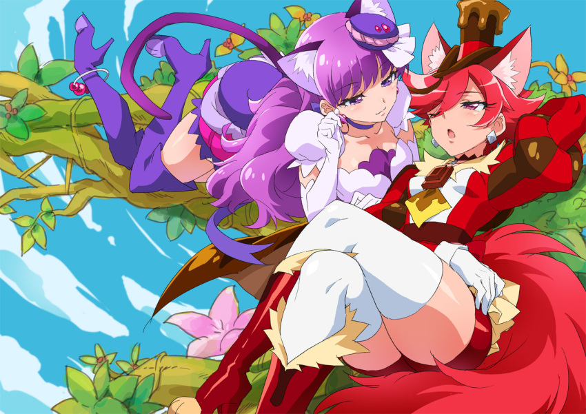 2girls animal_ears anklet bangs bike_shorts boots cat_ears cat_tail cure_chocolat cure_macaron dog_ears elbow_gloves fur-trimmed_boots fur_trim gloves hair_ornament hair_over_one_eye hat high_heel_boots high_heels in_tree jewelry kirakira_precure_a_la_mode mini_hat mini_top_hat multiple_girls mutyakai one_eye_closed precure purple_hair reclining red_eyes redhead tail thigh-highs thigh_boots top_hat tree violet_eyes
