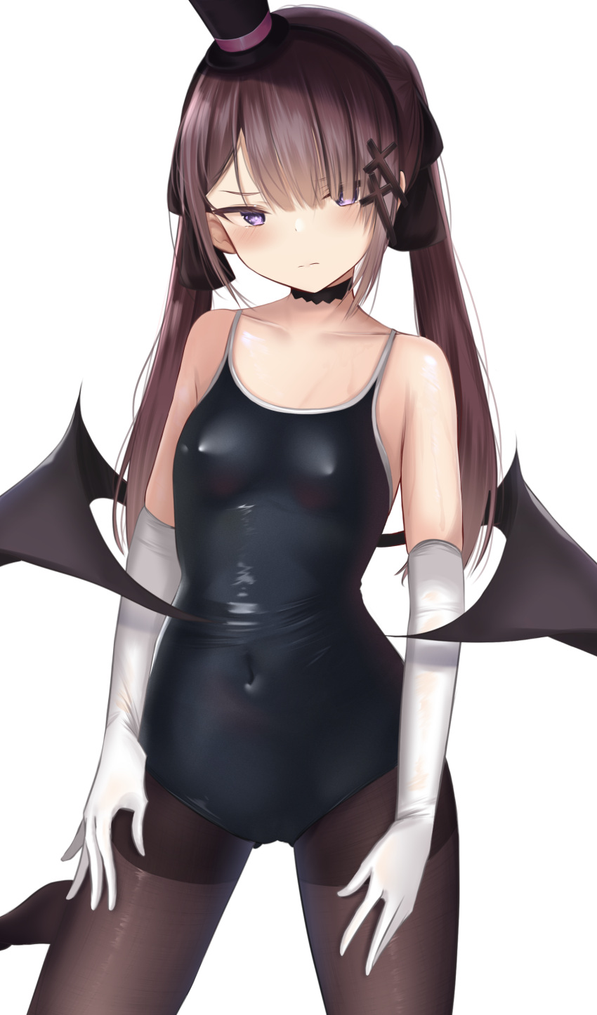 1girl absurdres bangs bare_shoulders black_choker black_headwear black_swimsuit blush breasts brown_hair brown_legwear choker closed_mouth collarbone competition_school_swimsuit covered_navel cross_hair_ornament doyachii elbow_gloves eyebrows_visible_through_hair gloves hair_ornament hat highres long_hair looking_at_viewer original pantyhose simple_background small_breasts solo swimsuit top_hat twintails v-shaped_eyebrows violet_eyes white_background white_gloves