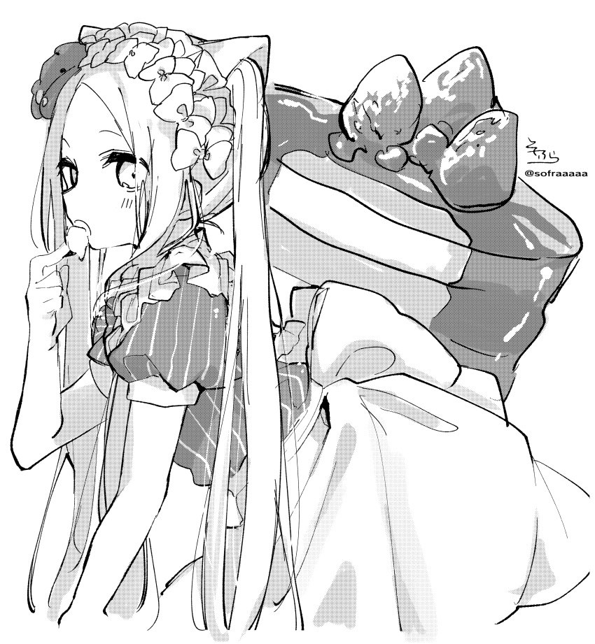 1girl :o abigail_williams_(fate) absurdres alternate_costume apron bangs blush bow fate/grand_order fate_(series) food food_on_finger forehead frills fruit greyscale hair_bow hand_up highres long_hair monochrome open_mouth pancake parted_bangs puffy_short_sleeves puffy_sleeves shirt short_sleeves signature simple_background sofra solo stack_of_pancakes strawberry striped striped_shirt stuffed_animal stuffed_toy teddy_bear twintails twitter_username vertical-striped_shirt vertical_stripes very_long_hair waist_apron white_background
