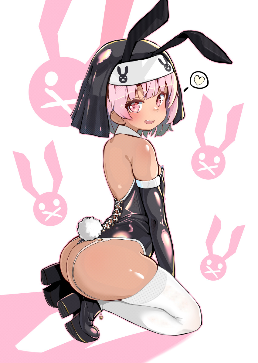 1girl absurdres animal_ears ass bangs bare_shoulders black_footwear black_gloves black_leotard blush breasts bunny_girl bunny_tail chocpocalypse detached_collar elbow_gloves full_body garter_straps gloves habit heart heart-shaped_pupils high_heels highres leotard looking_at_viewer open_mouth original pink_eyes pink_hair playboy_bunny rabbit_ears short_hair simple_background skindentation small_breasts smile solo spoken_heart symbol-shaped_pupils tail thigh-highs white_background white_legwear