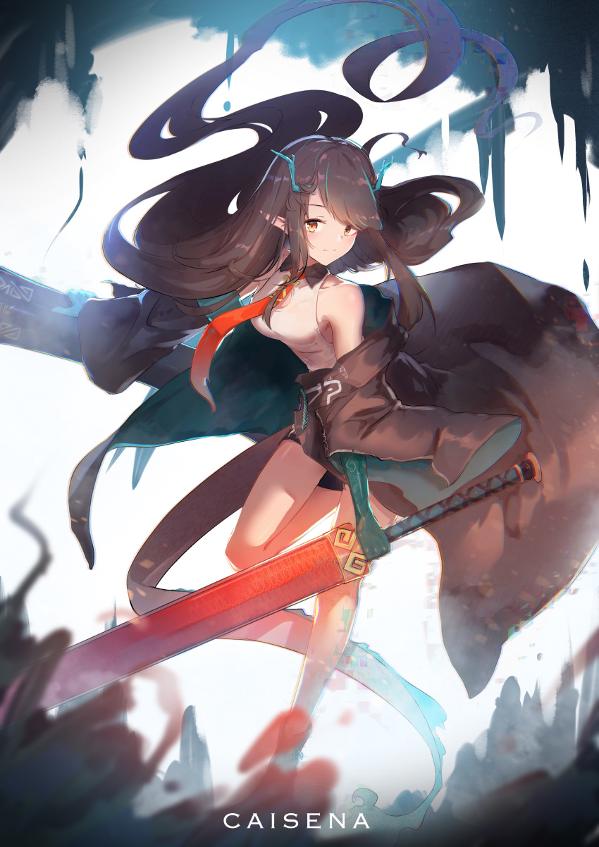 1girl absurdres arknights artist_name balancing bangs bare_shoulders black_gloves black_hair black_jacket breasts caisena closed_mouth collarbone collared_shirt dragon_girl dragon_horns dragon_tail dusk_(arknights) elbow_gloves eyebrows_visible_through_hair full_body gloves green_eyes highres holding holding_sword holding_weapon horns jacket long_hair looking_at_viewer looking_to_the_side medium_breasts messy_hair necktie off_shoulder pointy_ears red_neckwear shirt sidelocks sideways_glance sleeveless solo sword tail thighs weapon white_shirt