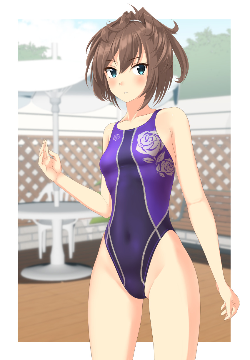 1girl absurdres beach_umbrella blue_eyes blue_sky blurry breasts brown_hair chair clouds commentary_request competition_swimsuit covered_navel cowboy_shot day depth_of_field fence floral_print highleg highleg_swimsuit highres kantai_collection long_hair looking_at_viewer messy_hair one-piece_swimsuit outdoors parted_lips purple_swimsuit sheffield_(kancolle) sky small_breasts solo standing swimsuit table takafumi umbrella white_umbrella