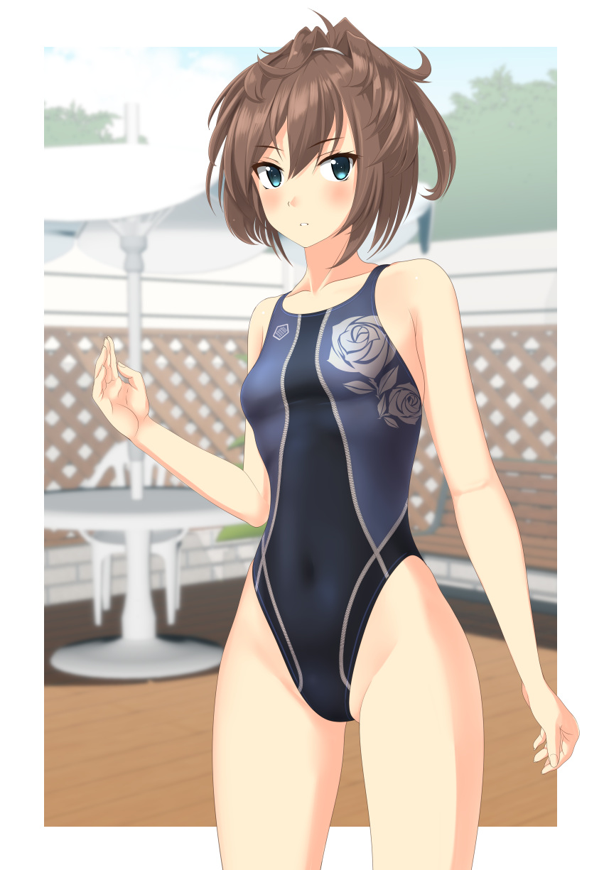1girl absurdres beach_umbrella black_swimsuit blue_eyes blue_sky blurry breasts brown_hair chair clouds commentary_request competition_swimsuit covered_navel cowboy_shot day depth_of_field fence floral_print highleg highleg_swimsuit highres kantai_collection long_hair looking_at_viewer messy_hair one-piece_swimsuit outdoors parted_lips sheffield_(kancolle) sky small_breasts solo standing swimsuit table takafumi umbrella white_umbrella