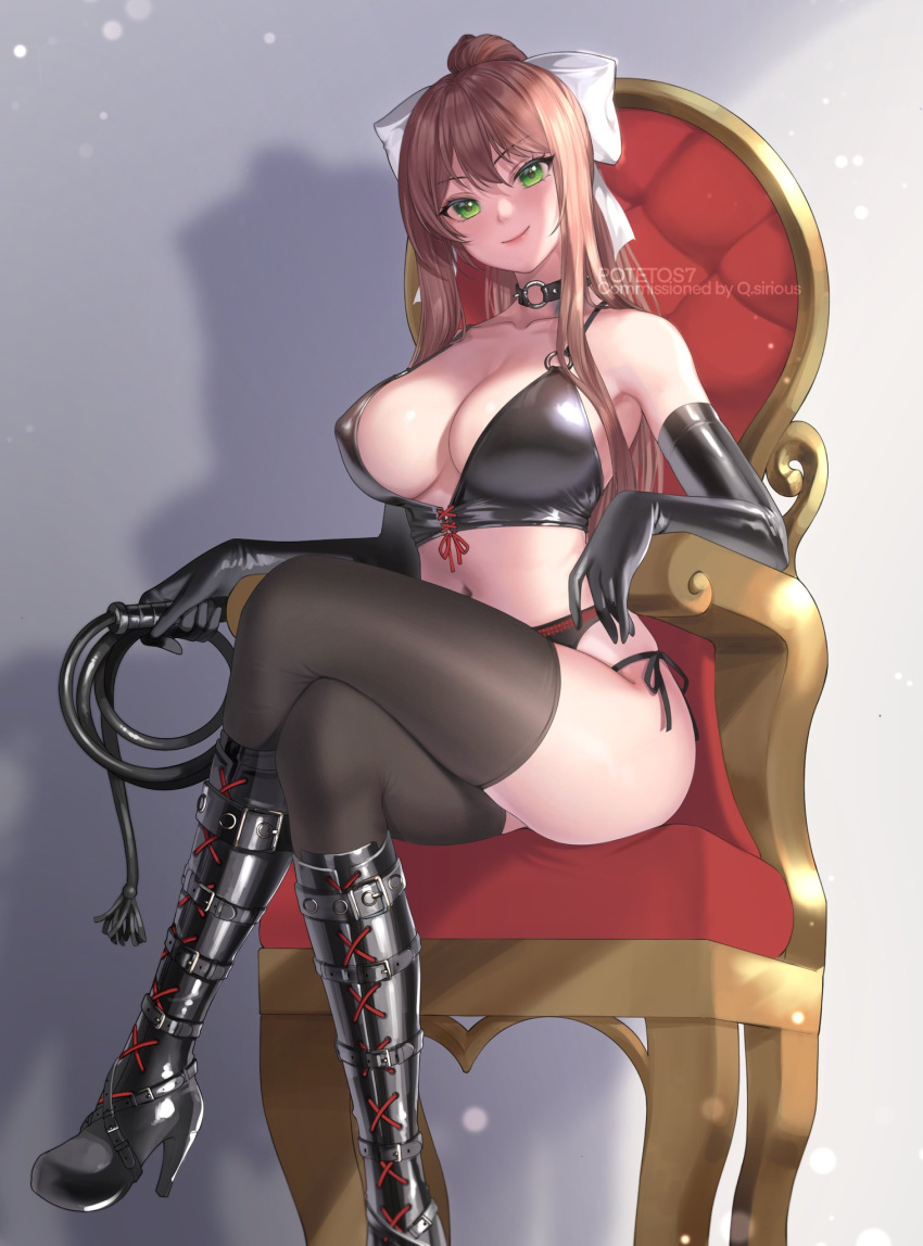 1girl artist_name bangs bare_shoulders black_footwear black_gloves blush boots breasts brown_hair chair closed_mouth commission crossed_legs doki_doki_literature_club elbow_gloves gloves green_eyes hair_ribbon highres holding holding_whip knee_boots kneehighs large_breasts long_hair looking_at_viewer monika_(doki_doki_literature_club) navel ponytail potetos7 ribbon sitting smile solo thigh-highs thighhighs_under_boots thighs whip white_ribbon
