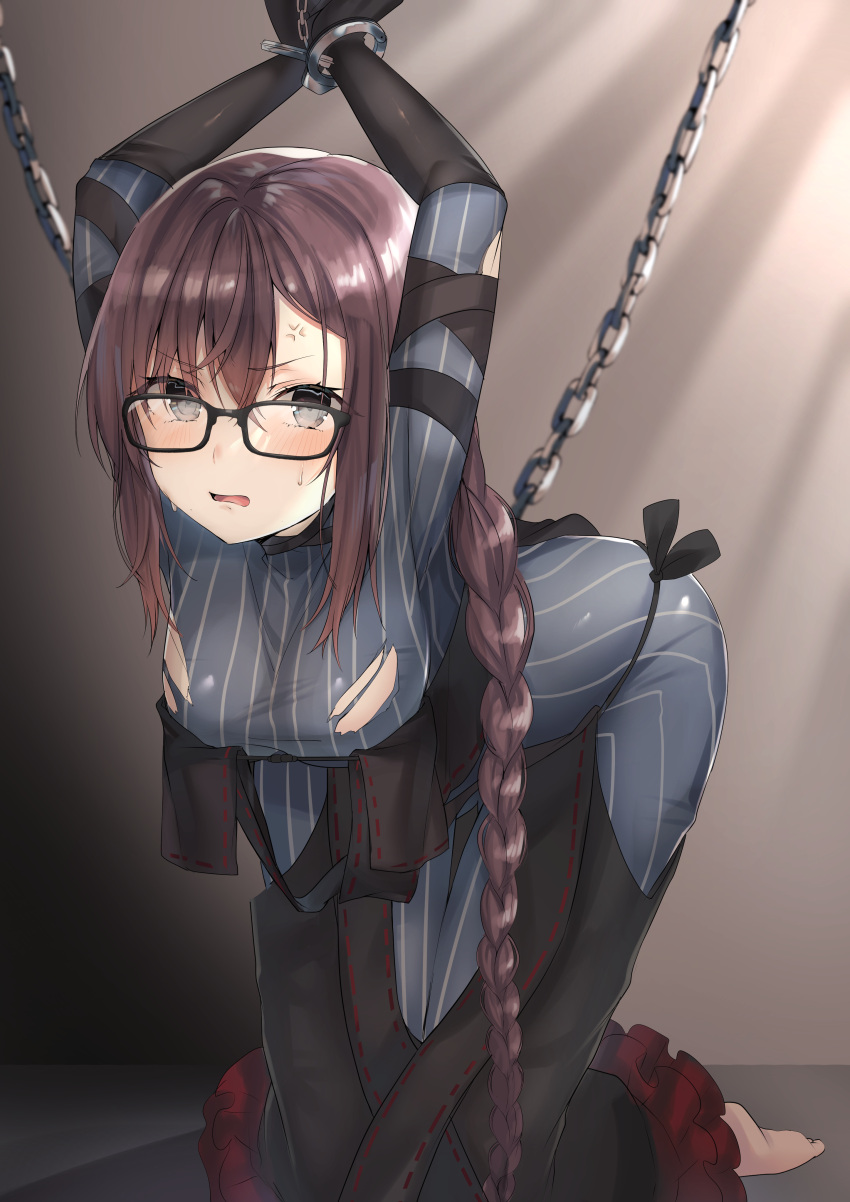 1girl absurdres anger_vein arm_strap arms_up black_dress black_gloves blush bound braid braided_ponytail breasts brown_hair center_opening chain cuffs dress elbow_gloves fate/grand_order fate_(series) fou_(ssqseeker) glasses gloves gradient gradient_background grey_dress grey_eyes highres kneeling layered_dress leaning_forward light_rays long_hair long_sleeves medium_breasts open_mouth restrained ribbed_dress ribbon-trimmed_dress single_braid torn_clothes torn_dress very_long_hair yu_mei-ren_(fate)