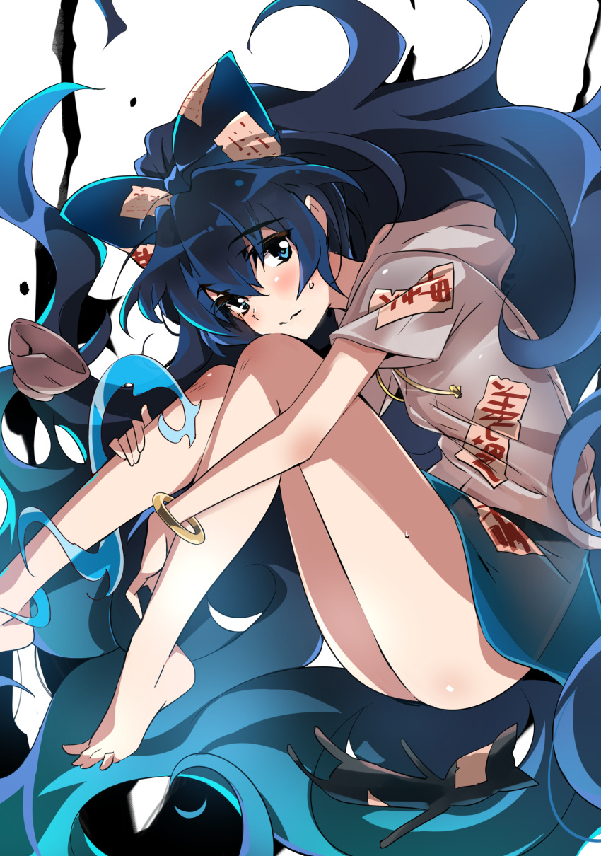 1girl absurdres bangs barefoot blue_bow blue_eyes blue_hair blue_skirt blush bow bracelet closed_mouth commentary debt drawstring eyebrows_visible_through_hair fetal_position floating frown grey_hoodie hair_bow highres hood hoodie jewelry long_hair looking_at_viewer no_panties short_hair short_sleeves simple_background skirt solo sweatdrop tokiani touhou very_long_hair white_background yorigami_shion
