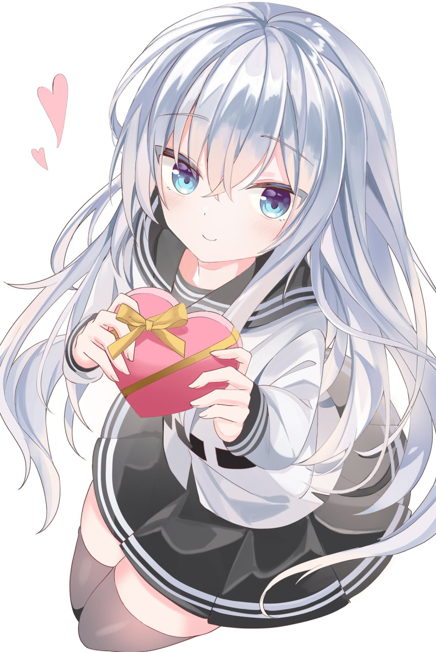 1girl bad_anatomy bad_perspective black_legwear black_sailor_collar black_skirt blue_eyes blush box closed_mouth eyebrows_visible_through_hair fathom gift gift_box hair_between_eyes heart heart-shaped_box hibiki_(kancolle) highres holding holding_gift kantai_collection long_hair long_sleeves pleated_skirt sailor_collar sailor_shirt shirt silver_hair simple_background skirt smile solo thigh-highs verniy_(kancolle) white_background white_shirt