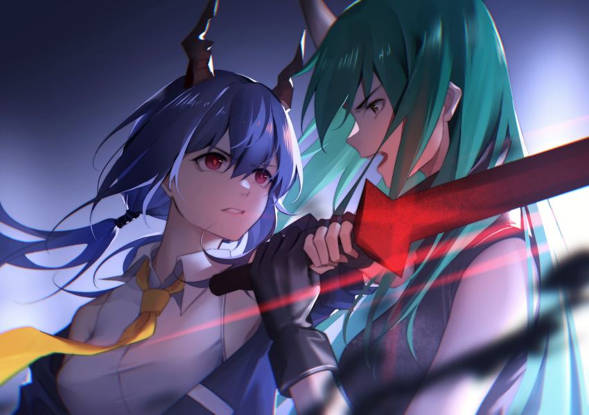 2girls arknights bangs bare_shoulders black_gloves blue_background blue_hair blue_jacket ch'en_(arknights) chi_xiao_(arknights) clenched_teeth dragon_horns fengtu_ad fingerless_gloves from_side gloves green_hair hair_between_eyes highres holding holding_sword holding_weapon horns hoshiguma_(arknights) jacket long_hair looking_at_another multiple_girls necktie off_shoulder open_mouth profile red_eyes shirt single_horn sleeveless sleeveless_shirt sword teeth upper_body weapon white_shirt wing_collar yellow_neckwear