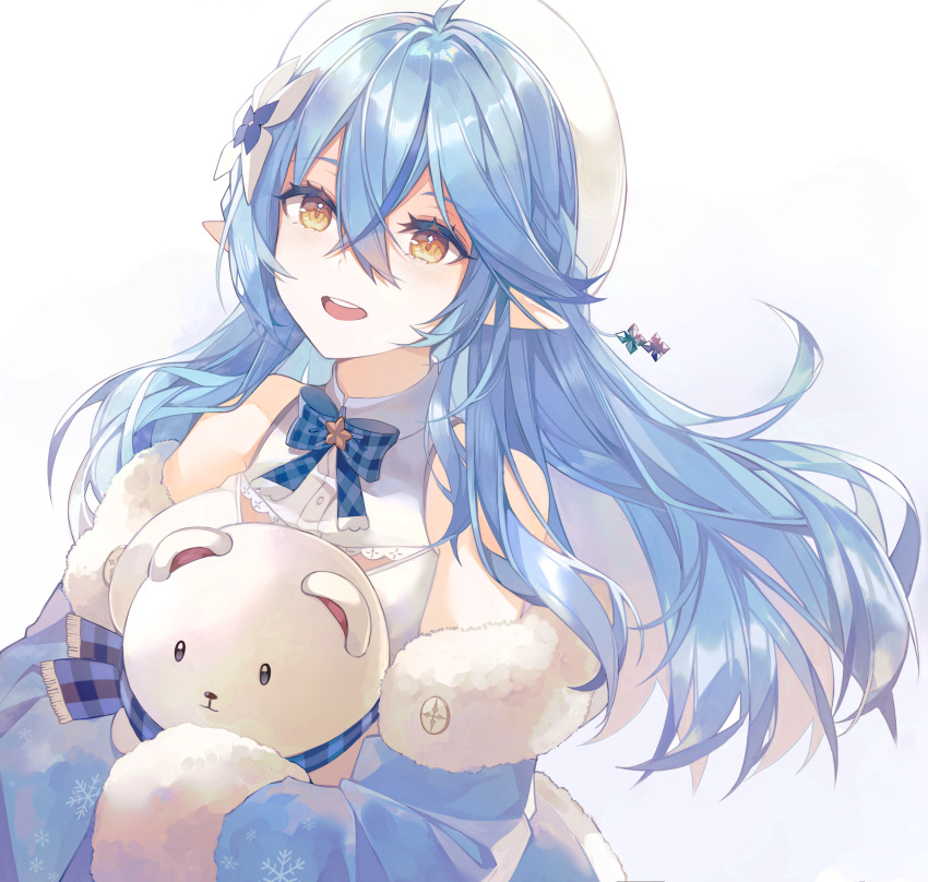 1girl :d absurdres ahoge animal bangs bare_shoulders bear beret blue_hair blue_jacket blue_scarf braid breasts brown_eyes commentary_request daifuku_(yukihana_lamy) eyebrows_visible_through_hair flower fringe_trim fur-trimmed_jacket fur-trimmed_sleeves fur_trim gradient gradient_background grey_background hair_between_eyes hair_flower hair_ornament hat highres hololive huge_filesize jacket large_breasts long_hair long_sleeves looking_at_viewer open_mouth plaid plaid_scarf pointy_ears polar_bear saibe scarf shirt sleeveless sleeveless_shirt sleeves_past_fingers sleeves_past_wrists smile upper_body upper_teeth very_long_hair virtual_youtuber white_background white_flower white_headwear white_shirt yukihana_lamy