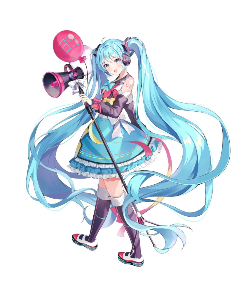 1girl :d auro_drm balloon blue_eyes blue_hair bow detached_sleeves dress frilled_dress frills full_body hatsune_miku highres holding holding_megaphone long_hair magical_mirai_(vocaloid) megaphone open_mouth pink_ribbon ribbon smile solo twintails vocaloid white_background yellow_bow