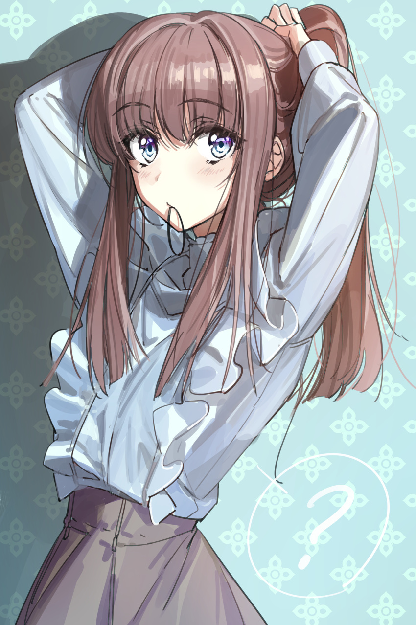 1girl arms_up bangs black_skirt blue_eyes blush brown_hair commentary_request eyebrows_visible_through_hair frilled_shirt frills hair_tie highres long_hair long_sleeves looking_at_viewer mouth_hold original ponytail shado shirt shirt_tucked_in sidelocks skirt solo tying_hair wattaro