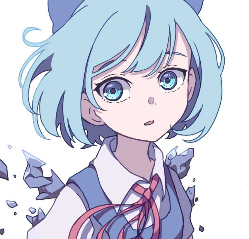 1girl absurdres bangs blue_bow blue_eyes blue_hair bow cirno collared_shirt hair_bow highres ice ice_wings kame_(kamepan44231) looking_at_viewer neck_ribbon open_mouth red_neckwear ribbon shirt short_hair short_sleeves simple_background solo touhou upper_body white_background white_shirt wings