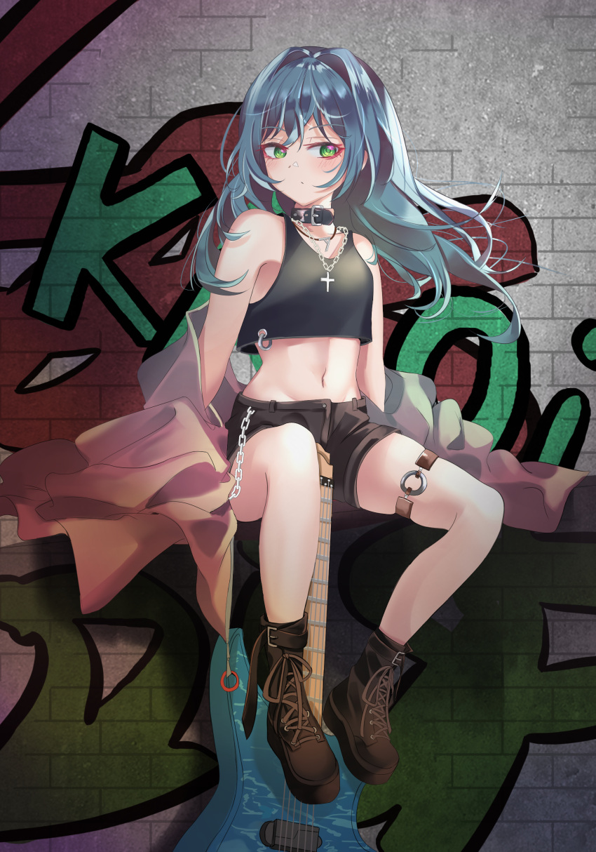 1girl absurdres asahi_rokka bang_dream! bangs bare_shoulders blush collarbone dated_commentary eyebrows_visible_through_hair full_body groin hair_between_eyes highres looking_to_the_side midriff navel patpang sidelocks sitting solo