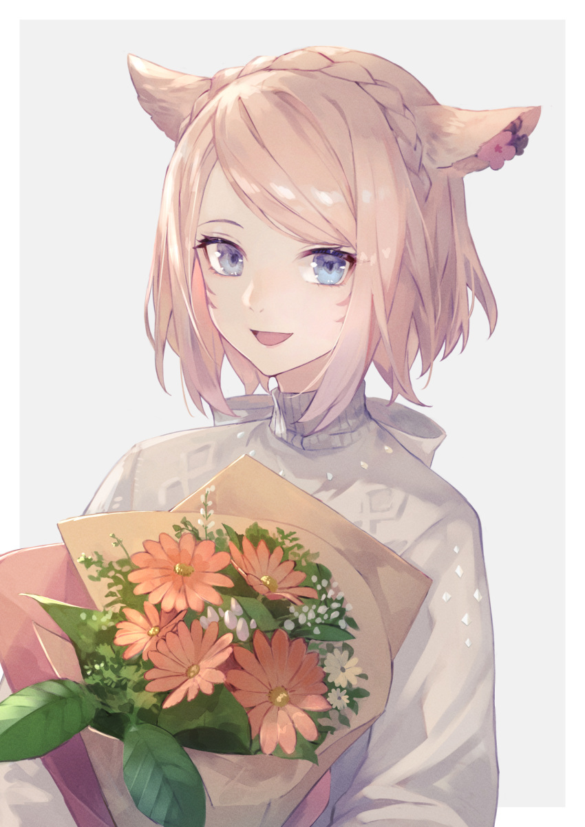 1girl :d animal_ears aran_sweater bangs blue_eyes bouquet braid brown_flower brown_hair cat_ears crown_braid final_fantasy final_fantasy_xiv flower grey_background highres kobuta miqo'te open_mouth pink_flower simple_background smile solo sweater swept_bangs turtleneck turtleneck_sweater upper_body whisker_markings white_flower white_sweater