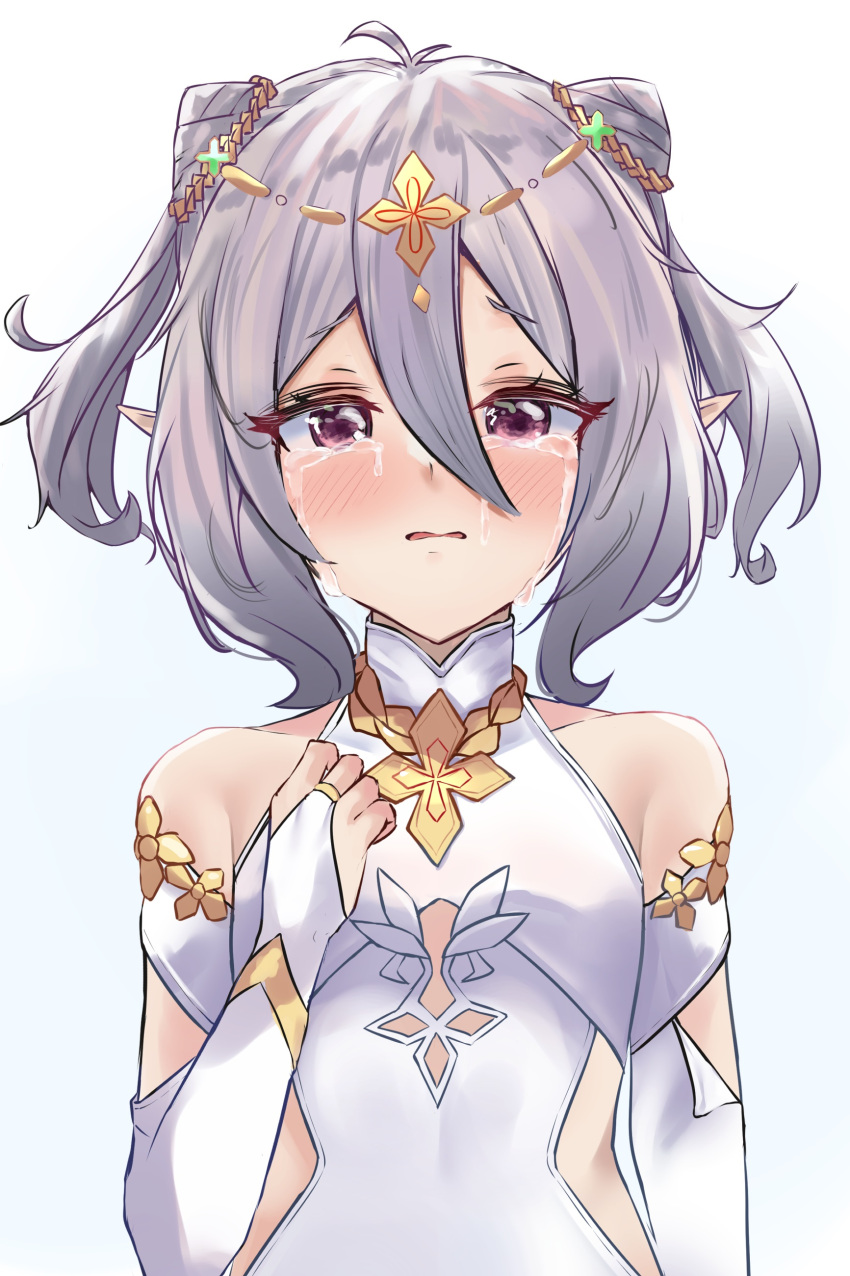 1girl absurdres antenna_hair bangs bare_shoulders blush bridal_gauntlets circlet crying crying_with_eyes_open double_bun elf hair_between_eyes hand_on_own_chest highres kokkoro_(princess_connect!) looking_at_viewer parted_lips pointy_ears princess_connect! princess_connect!_re:dive short_hair silver_hair simple_background solo streaming_tears tears two_side_up upper_body violet_eyes white_background yasushi_(n0t_0t4ku)