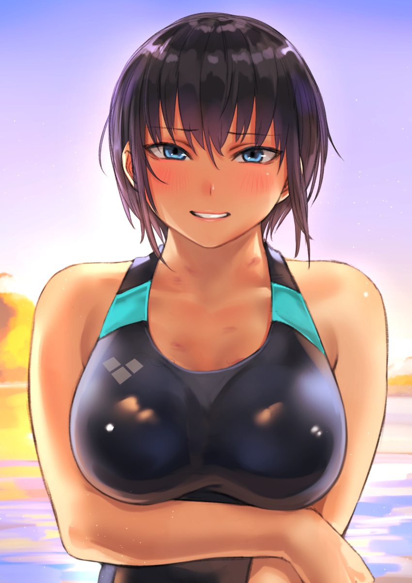 1girl blue_eyes blush breasts brown_hair competition_swimsuit elbow_gloves eyebrows_visible_through_hair gloves highres kilye_4421 large_breasts latex_leotard one-piece_swimsuit original smile solo swimsuit upper_body