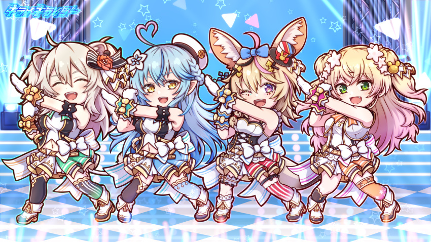 4girls animal_ears bare_arms chibi elf fox_ears fox_girl fox_tail frilled_straps frills gloves highres holofive hololive idol idol_clothes layered_skirt lion_ears lion_girl miloku miniskirt momosuzu_nene multiple_girls nonstop_story omaru_polka pointy_ears pose shishiro_botan skirt skirt_set sleeveless smile tail thigh-highs underbust virtual_youtuber white_gloves yukihana_lamy