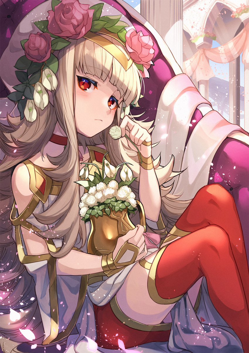 1girl alternate_costume bangs bare_shoulders blush choker closed_mouth column commentary_request dress expressionless eyebrows_visible_through_hair fire_emblem fire_emblem_heroes flower flower_pot gold_trim grey_hair hair_flower hair_ornament hat head_tilt highres holding holding_flower hug jewelry leaf_hair_ornament long_hair looking_at_viewer nakabayashi_zun object_hug official_alternate_costume petals pillar pink_flower pink_rose red_choker red_eyes red_legwear rose shadow sitting solo thigh-highs vase veronica_(fire_emblem) very_long_hair white_dress white_flower white_headwear wide_sleeves