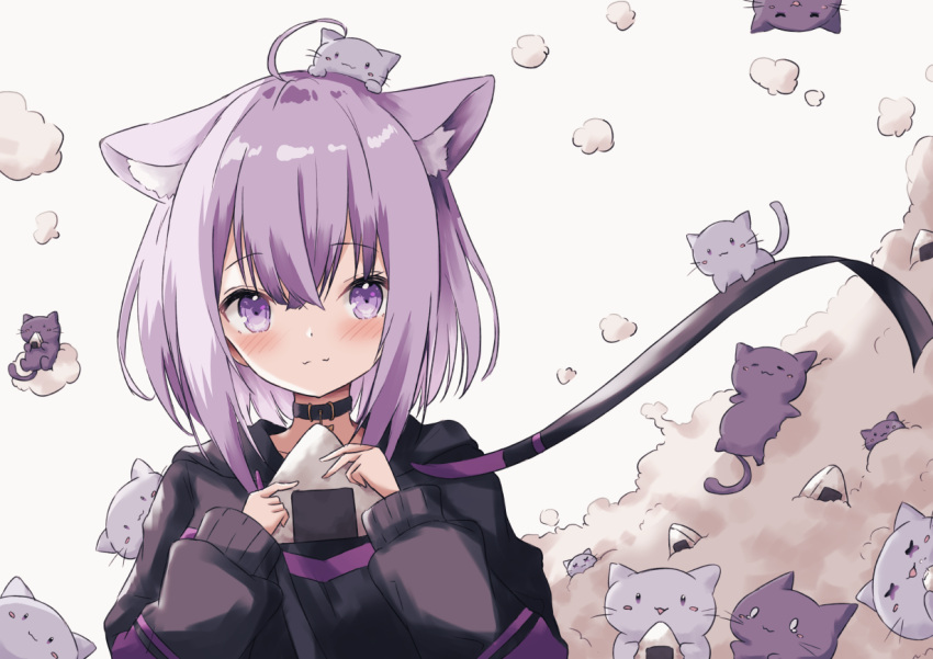1girl animal animal_ear_fluff animal_ears bangs black_collar black_hoodie blush cat cat_ears closed_mouth collar commentary_request eyebrows_visible_through_hair food grey_background hair_between_eyes hands_up hayashi_maka holding holding_food hololive hood hood_down hoodie long_sleeves nekomata_okayu onigiri puffy_long_sleeves puffy_sleeves purple_hair simple_background sleeves_past_wrists smile solo upper_body violet_eyes virtual_youtuber