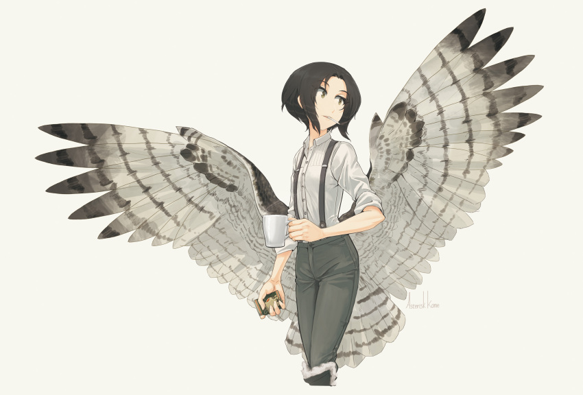 1girl amelia_shaw artist_name asterisk_kome bird_wings black_footwear black_hair black_pants boots brown_eyes cigarette cigarette_box coffee_mug collared_shirt commentary cropped_legs cup grey_background highres holding holding_cup knee_boots looking_to_the_side low_wings mouth_hold mug pants shirt short_hair signature simple_background sleeves_rolled_up smoking solo spread_wings standing suspenders white_shirt winged_fusiliers wings