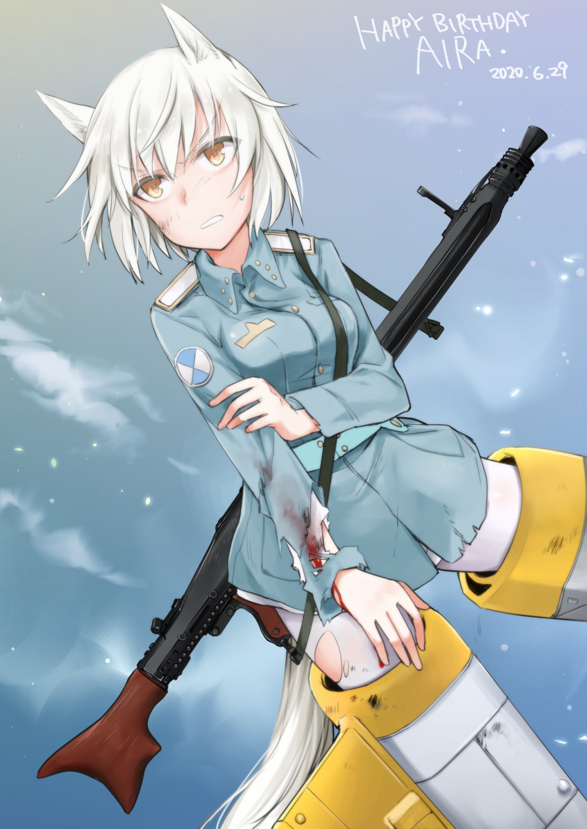 1girl absurdres aila_paivikki_linnamaa aohashi_ame arm_grab belt blood bloody_clothes blue_belt blue_jacket bob_cut carrying character_name dated english_text eyebrows_visible_through_hair flying frown grimace gun happy_birthday highres idol_witches jacket long_sleeves machine_gun military military_uniform night night_sky no_pants outdoors pantyhose short_hair silver_hair sky solo striker_unit torn_clothes torn_legwear uniform v-shaped_eyebrows weapon weapon_request world_witches_series yellow_eyes