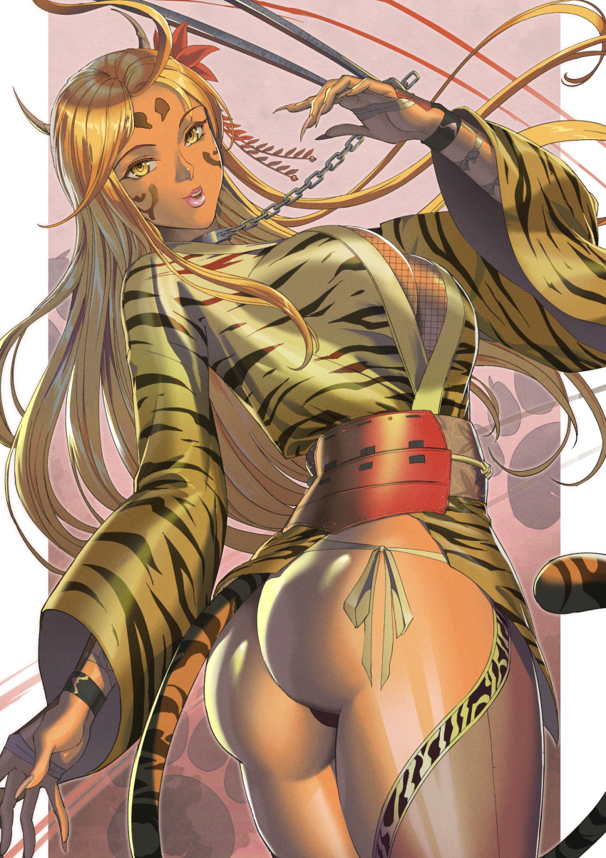 1girl absurdres ahoge animal_print ass breasts chain collar commentary_request facial_mark fingernails fishnets forehead_mark hair_ornament highres horns japanese_clothes kimono kirin_ouji lips long_hair long_sleeves looking_at_viewer looking_back makeup obi open_mouth original panties paw_background pink_lips sash shiny shiny_hair simple_background smile solo tail tan thigh-highs thong tiger_print tiger_tail twisted_torso underwear weapon wide_sleeves wrist_blades