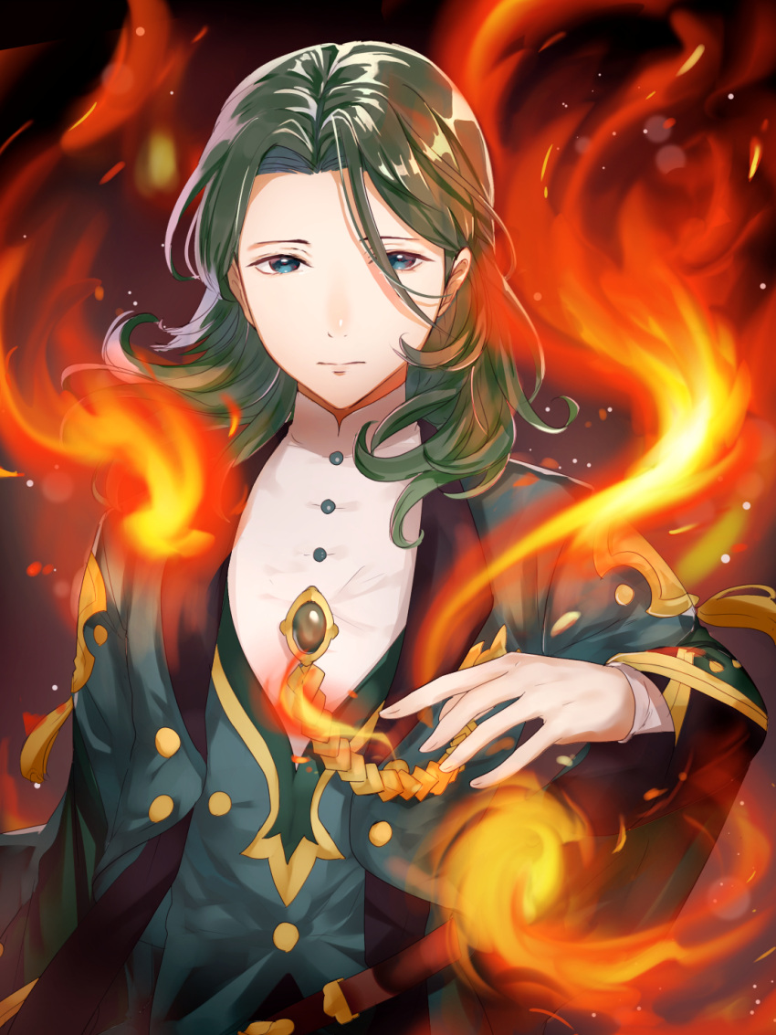 1boy black_background closed_mouth commentary_request eyebrows_behind_hair fire fire_emblem fire_emblem:_three_houses green_eyes green_hair haru_(nakajou-28) highres linhardt_von_hevring long_hair long_sleeves male_focus simple_background solo upper_body