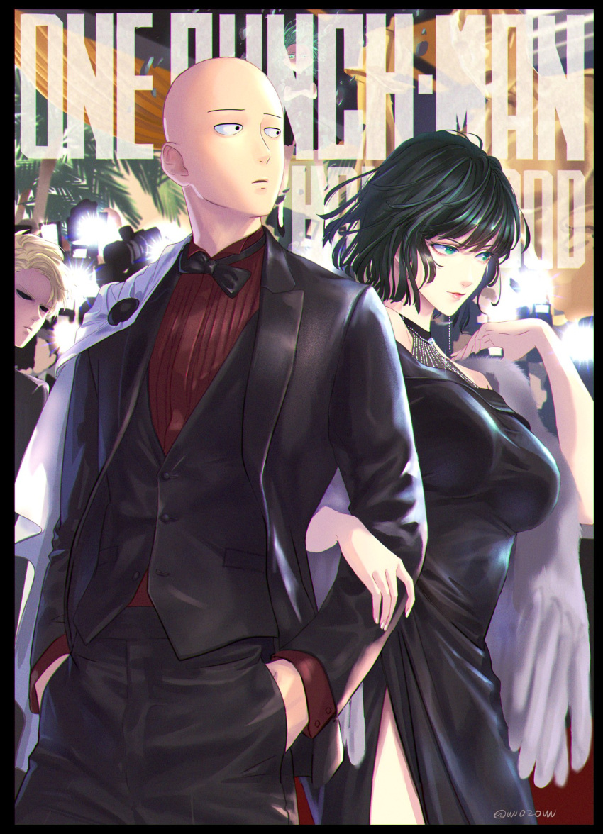 1girl 2boys alternate_costume bald black_dress black_hair black_sclera bow bowtie colored_sclera copyright_name dress formal fubuki_(one-punch_man) genos green_eyes hands_in_pockets highres jewelry multiple_boys necklace one-punch_man red_shirt saitama_(one-punch_man) shirt short_hair signature suit vest vest_over_shirt vvv020vvv