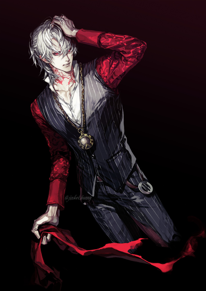 1boy absurdres antonio_salieri_(fate) arm_up chain collarbone fate/grand_order fate_(series) fingernails hair_between_eyes hand_on_own_head highres holding holding_neckwear jewelry koshika_rina male_focus neck_tattoo necklace neckwear parted_lips pocket_watch red_eyes red_neckwear solo tattoo teeth torn torn_clothes twitter_username watch white_hair