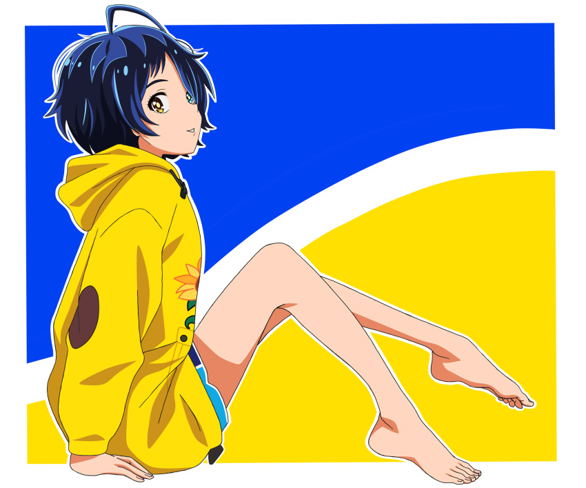 1girl ahoge bare_legs barefoot blue_eyes blue_shorts dark_blue_hair floral_print heterochromia highres hood hood_down hoodie long_sleeves looking_at_viewer official_style ooto_ai parted_lips riokasen shorts sitting smile solo sunflower_print toes wonder_egg_priority yellow_eyes yellow_hoodie