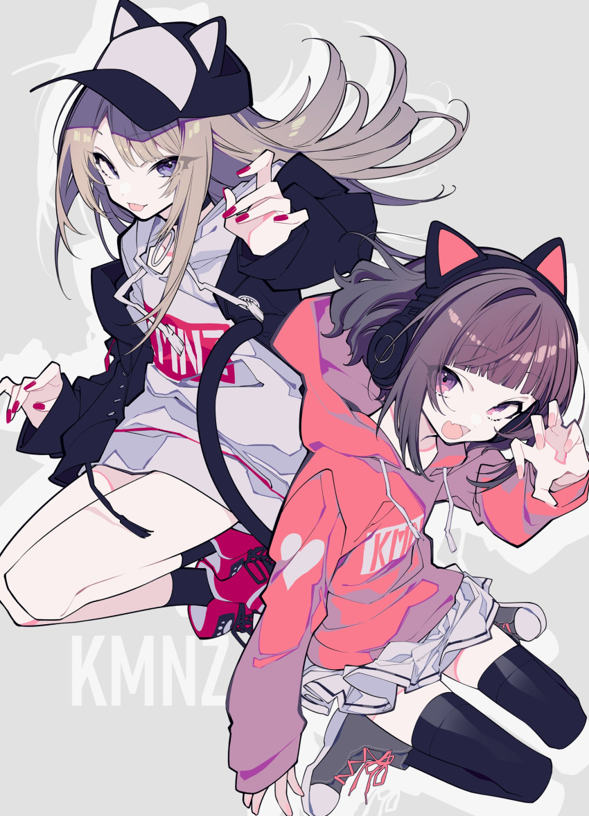 2girls absurdres animal_hat bangs black_hair black_jacket black_legwear blonde_hair blunt_bangs cat_ear_headphones cat_hat cat_tail claw_pose collaboration copyright_name eyebrows_visible_through_hair eyes_visible_through_hair fang full_body hair_strand hand_up hat headphones highres hood jacket kmnz long_hair long_sleeves looking_at_viewer looking_to_the_side mc_lita mc_liz miniskirt mochizuki_kei multicolored multicolored_clothes multicolored_jacket multiple_girls nail_polish open_mouth shoes short_hair sidelocks simple_background skin_fang skirt sleeves_past_wrists smile sneakers socks tail thigh-highs thighs tongue tongue_out tsurime violet_eyes zettai_ryouiki