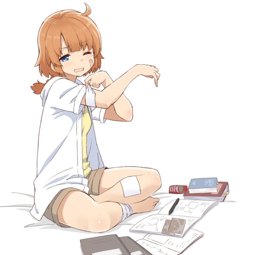 1girl absurdres ahoge applying_bandaid assault_lily bandaged_leg bandages bandaid bandaid_on_arm bandaid_on_cheek bandaid_on_face bandaid_on_leg bangs barefoot bed_sheet blue_eyes book braid breasts brown_shorts cellphone commentary_request eyebrows_visible_through_hair full_body futagawa_fumi hands_up highres indian_style long_hair looking_at_viewer notebook one_eye_closed open_book open_clothes open_mouth open_shirt orange_hair pen phone shirt short_sleeves shorts simple_background single_braid sitting small_breasts solo tanin050 tearing_up white_background white_shirt wince yellow_shirt