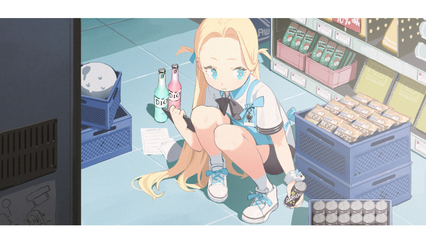 1girl apron bangs bike_shorts black_shorts blonde_hair blue_apron blue_archive blue_eyes bottle can clipboard closed_mouth collared_shirt commentary_request forehead full_body highres holding holding_can indoors long_hair parted_bangs shadow shirt shoes short_shorts short_sleeves shorts socks solo sora_(blue_archive) squatting twintails two_side_up very_long_hair waterkuma wavy_mouth white_footwear white_legwear white_shirt