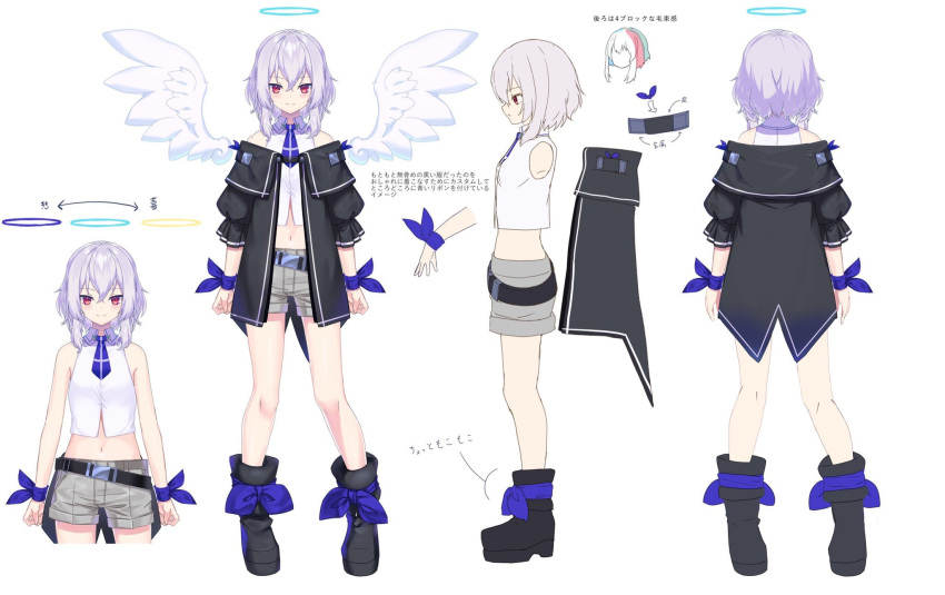 1girl angel_wings character_sheet hair_ornament halo highres indie_virtual_youtuber nyori purple_hair red_eyes short_hair uten_hiyori virtual_youtuber wings