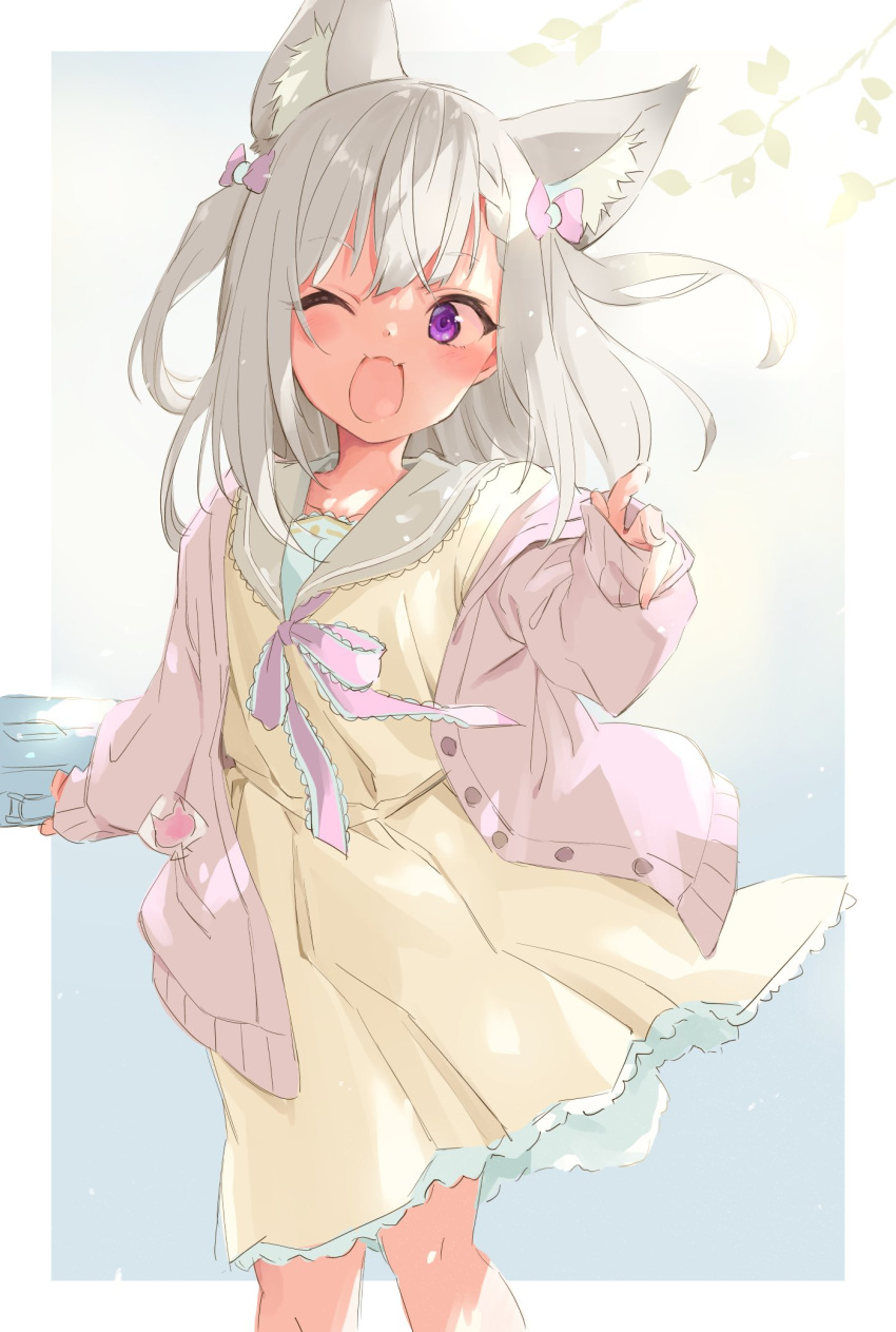 1girl ;d animal_ear_fluff animal_ears animare cardigan dress fang frilled_dress frills highres long_hair long_sleeves one_eye_closed open_cardigan open_clothes open_mouth shirana_tamana shiromiya_mimi silver_hair sketch sleeves_past_wrists smile suitcase violet_eyes virtual_youtuber yellow_dress