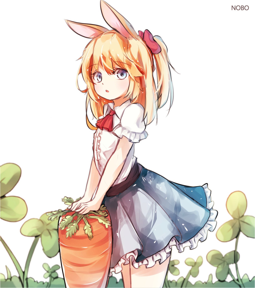 1girl animal_ears blonde_hair blue_eyes blue_skirt carrot food highres kosobin looking_at_viewer no_tail open_mouth original outdoors oversized_object ponytail rabbit_ears ribbon shirt short_hair short_sleeves simple_background skirt solo white_background white_shirt