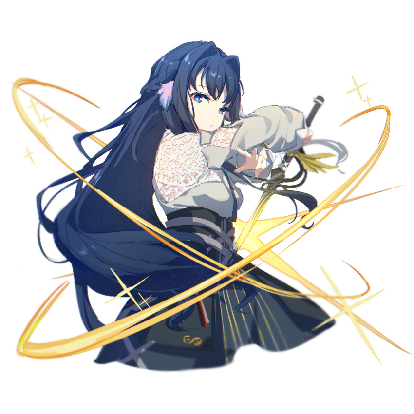 absurdres arknights astesia_(arknights) black_hair blue_eyes braid closed_mouth highres holding holding_sword holding_weapon long_hair simple_background slashing sparkle sword weapon white_background yumuto_(spring1786)
