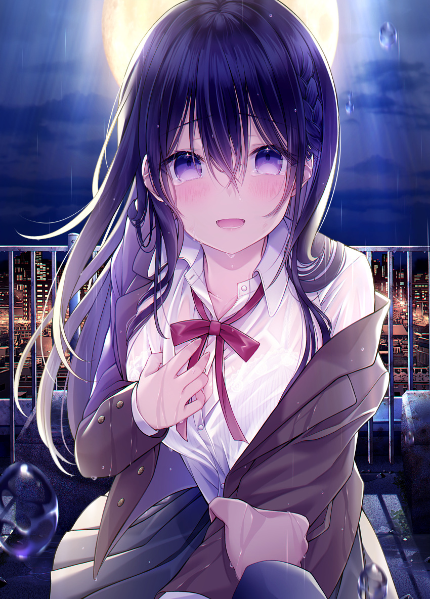 1girl absurdres arm_grab bangs black_hair black_skirt blazer blush bow bowtie braid city clouds collared_shirt cover cover_page eyebrows_visible_through_hair hair_between_eyes hand_on_own_chest hand_up highres huge_filesize jacket kuro_namako long_hair long_sleeves looking_at_viewer moon novel_cover novel_illustration official_art open_mouth original railing rain shirt sidelocks skirt sky smile solo standing tears tongue uniform upper_body violet_eyes water_drop white_shirt