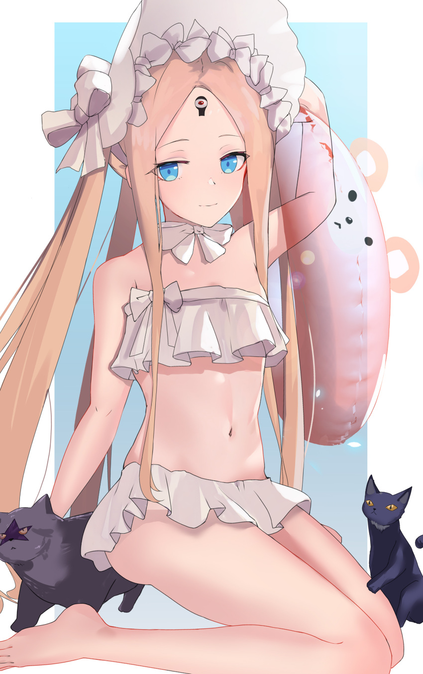 1girl abigail_williams_(fate) abigail_williams_(swimsuit_foreigner)_(fate) absurdres bangs bare_shoulders bikini blonde_hair blue_eyes bonnet bow braid breasts fate/grand_order fate_(series) forehead hair_bow hair_rings highres long_hair miniskirt musicatopos navel parted_bangs sidelocks skirt small_breasts swimsuit twin_braids twintails very_long_hair white_bikini white_bow white_headwear