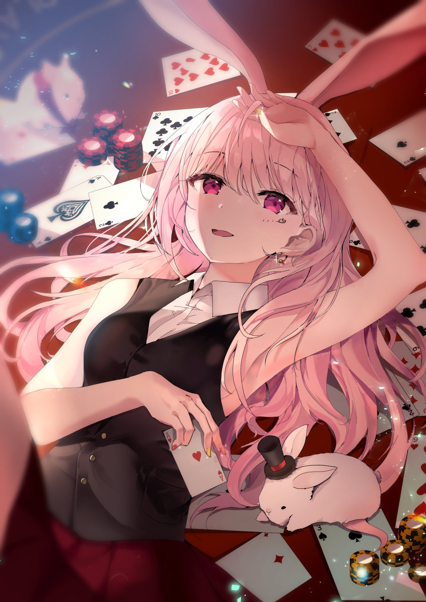 1girl absurdres ace_of_spades animal_ears armpits bangs bare_shoulders black_suit blurry blurry_background blush breasts card collared_shirt earrings eyebrows_visible_through_hair formal hair_between_eyes hair_strand hand_on_own_head hand_up hat highres holding holding_card jewelry long_hair looking_at_viewer lying messy_hair on_back original parted_lips poker_chip rabbit rabbit_ears shan_(ti0n) shirt sleeveless small_breasts smile solo suit upper_body violet_eyes white_hair white_shirt