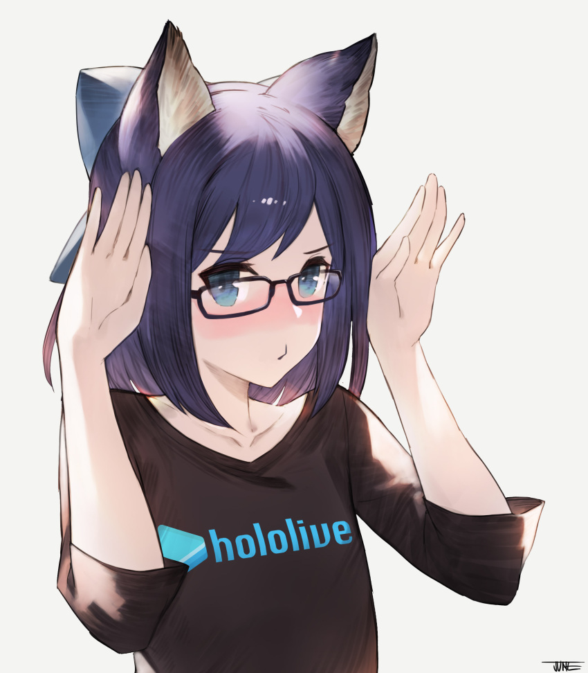 1girl :o absurdres animal_ears bangs black-framed_eyewear black_shirt blue_bow blue_hair blush bow bunny_pose cat_ears closed_mouth collarbone copyright_name eyebrows_visible_through_hair flat_chest glasses graphic_shirt grey_background hair_bow heart highres hololive jun_wei kemonomimi_mode logo looking_at_viewer nose_blush shirt signature simple_background solo t-shirt upper_body virtual_youtuber yuujin_a_(hololive)