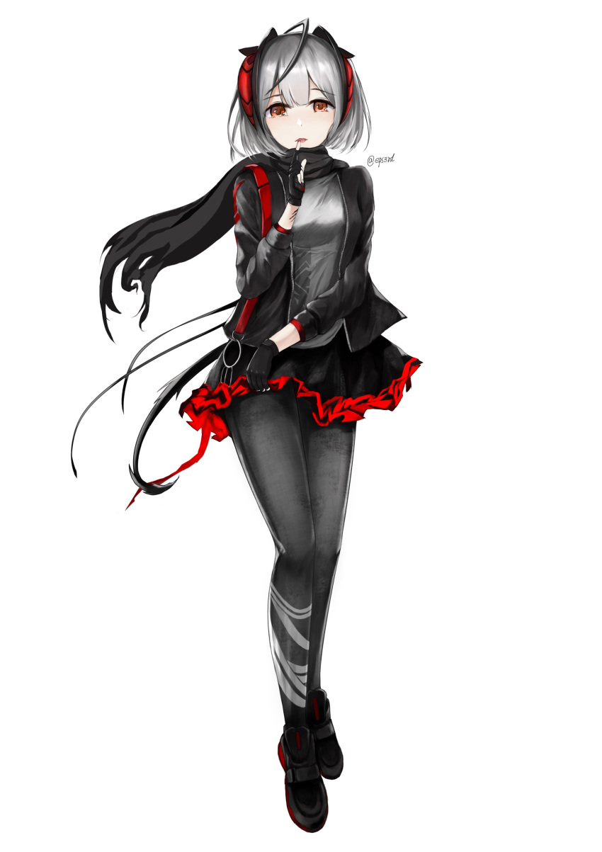 1girl absurdres arknights artist_name black_jacket black_legwear black_skirt eps3rd finger_to_mouth gloves highres horns jacket looking_at_viewer open_clothes open_jacket pantyhose red_eyes scarf shirt short_hair silver_hair simple_background skirt solo w_(arknights) white_background